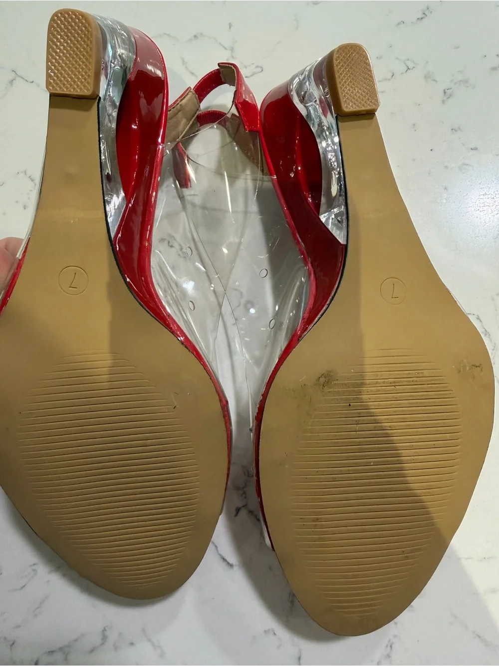 Clear Slingback Wedge Sandals with Red Floral Accent - Women